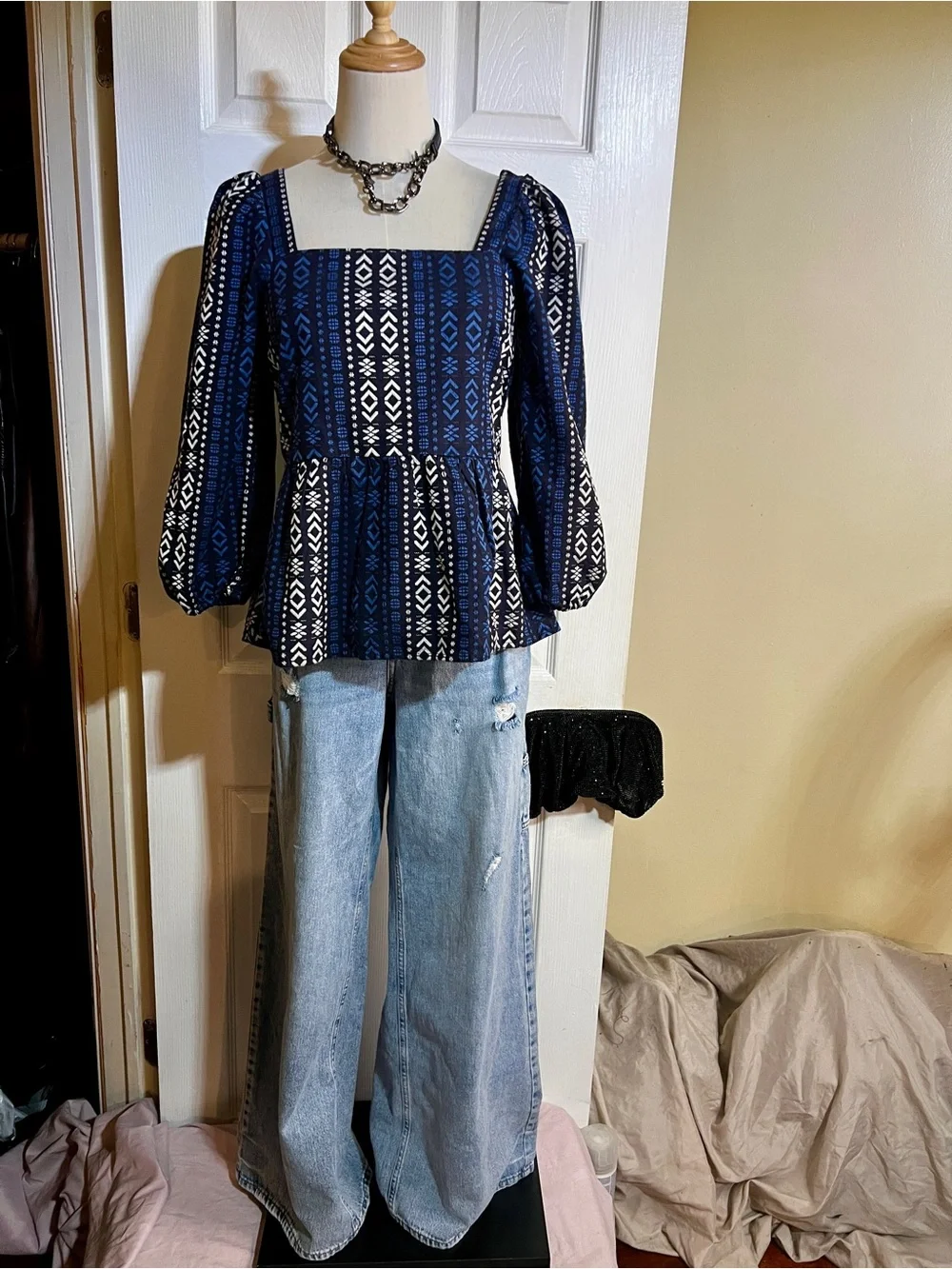 Madewell Lightspun Blue Millbrook Puff Sleeve Geo Print Cotton Peplum Top XXS